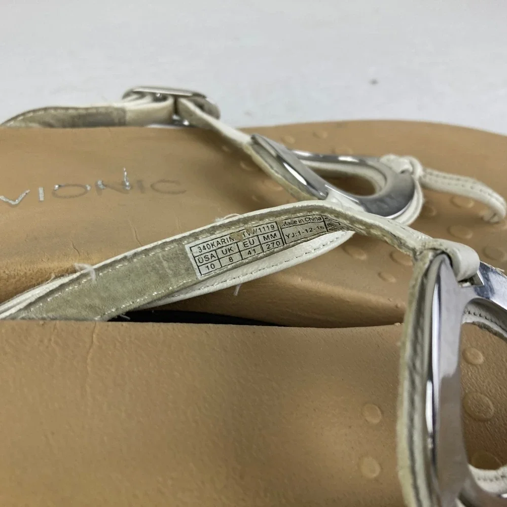 Vionic Women White Leather Thong Sandals with Silver Circle Detail Size‎ 10